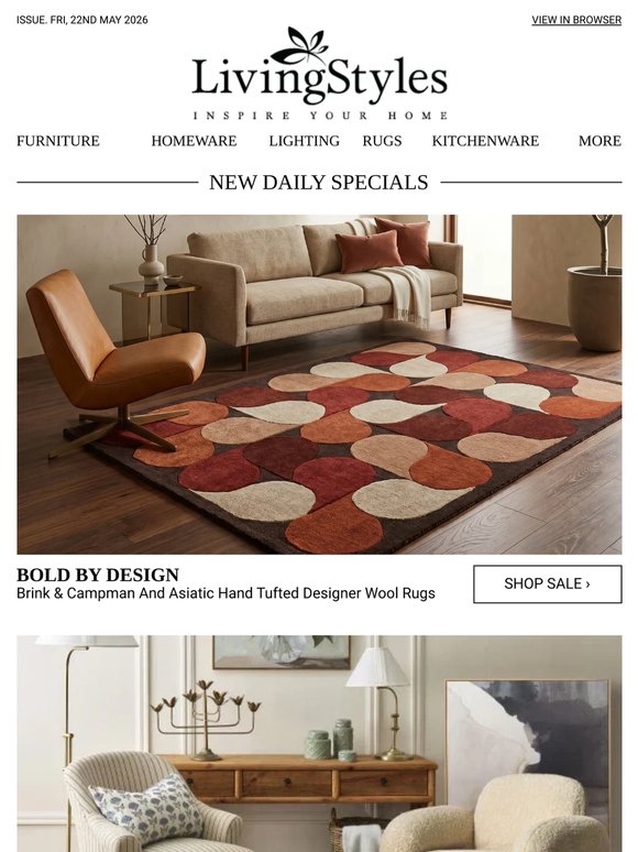 Brink & Campman And Asiatic Hand Tufted Designer Wool Rugs, Framed Hand Painted Canvas Wall Art, Scatter Cushions & Armchairs, Brabantia Towel Hooks..