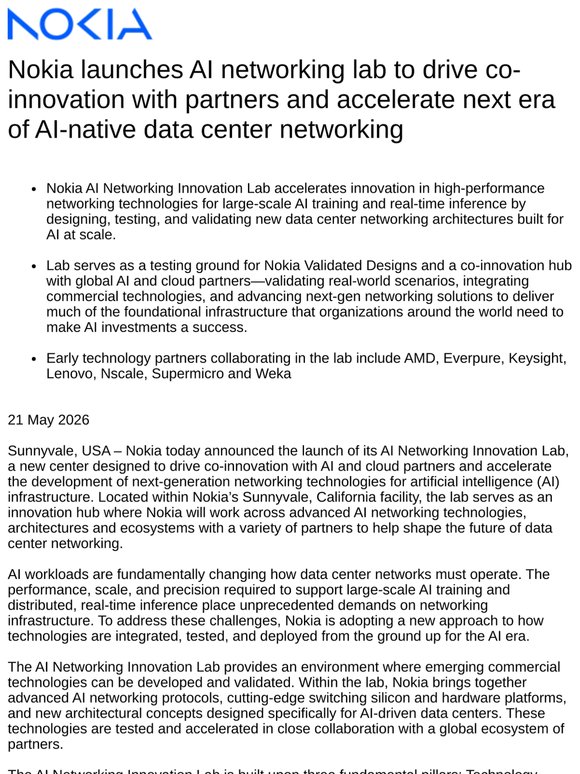 Nokia launches AI networking lab to drive co-innovation with partners and accelerate next era of AI-native data center networking