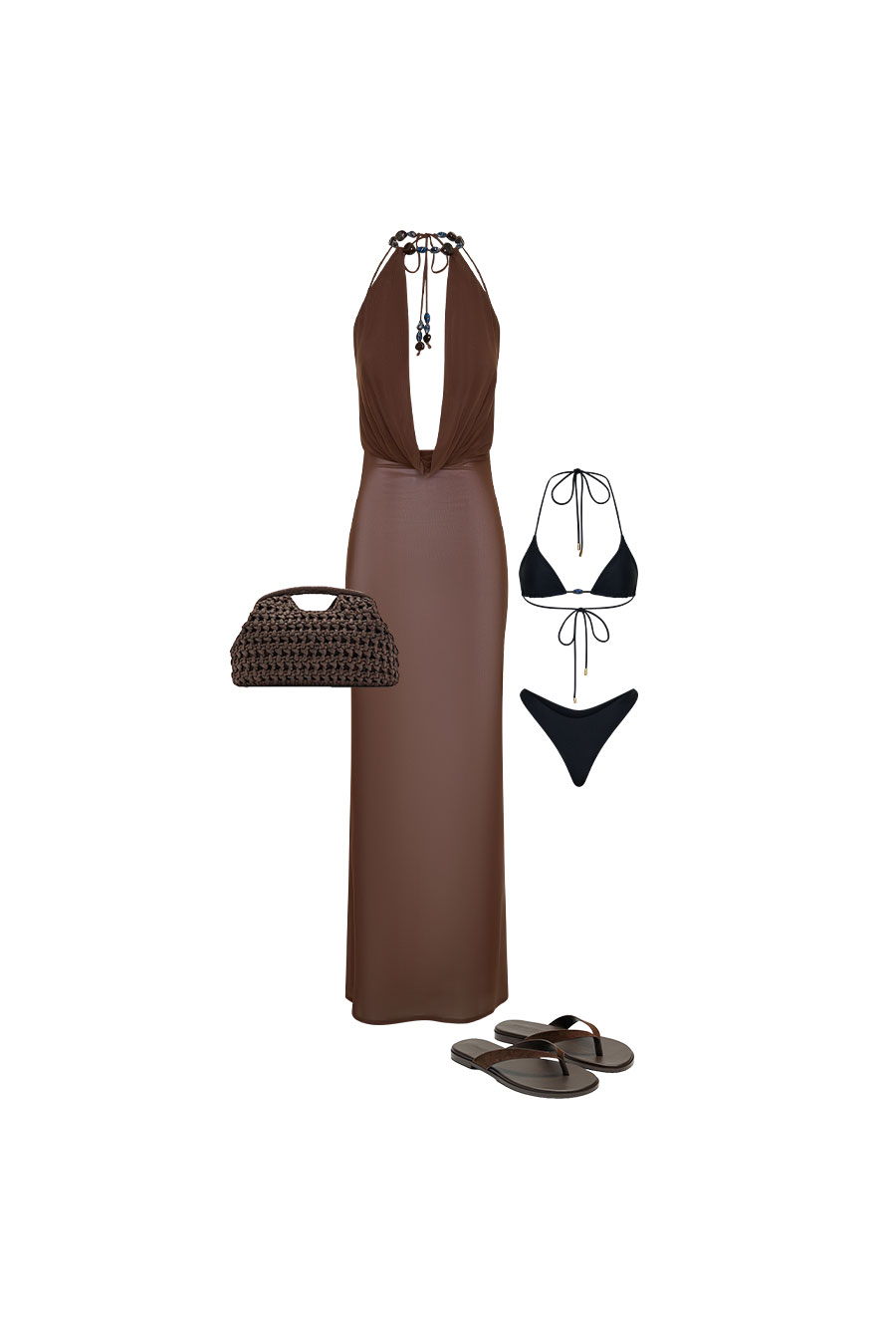 Ethal Mesh Cowl Neck Beaded Maxi Dress - Chocolate
