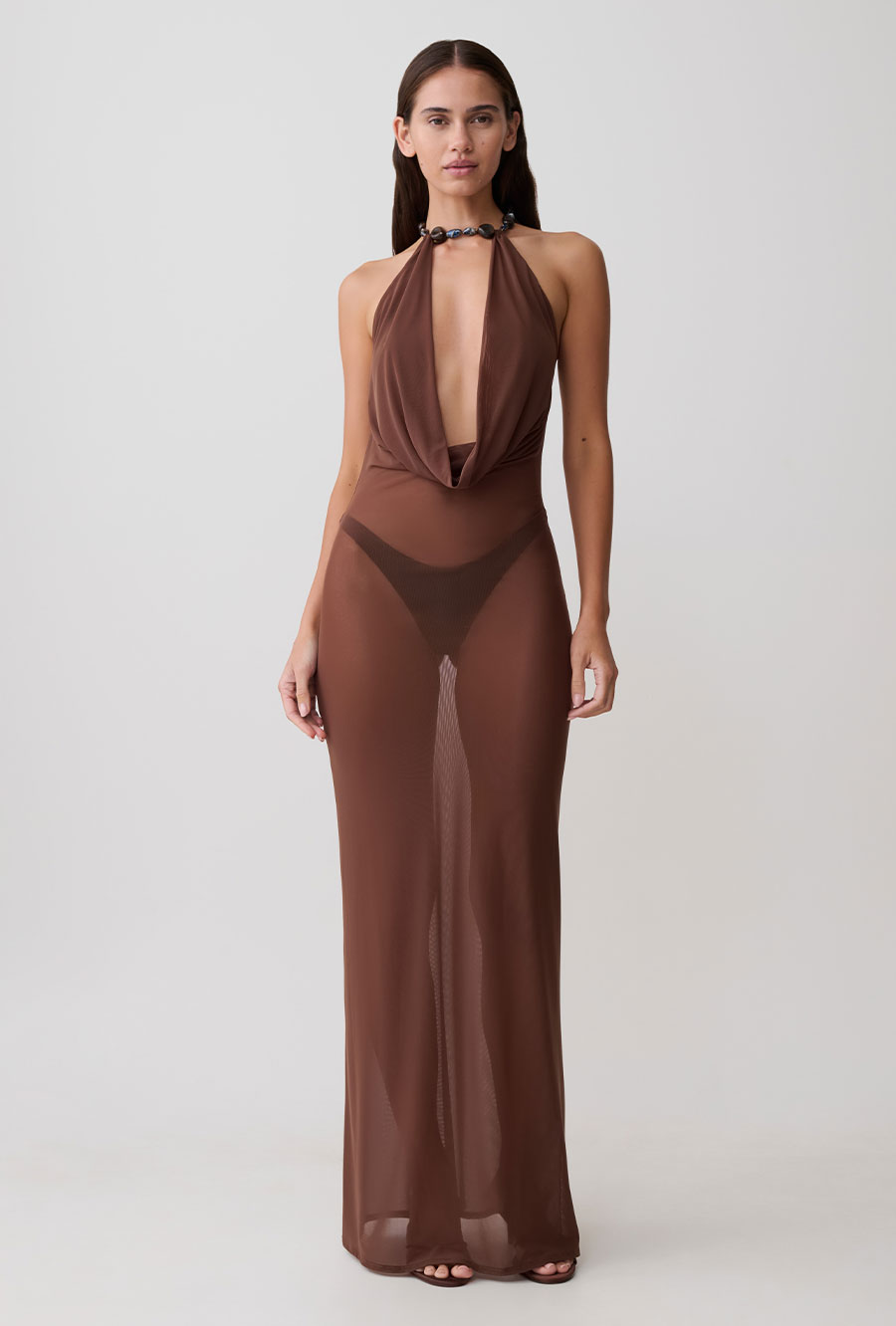 Ethal Mesh Cowl Neck Beaded Maxi Dress - Chocolate
