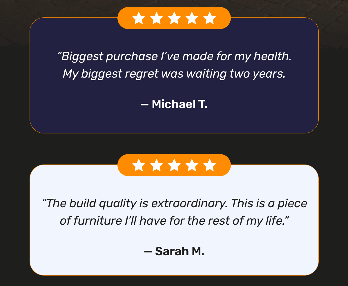 “Biggest purchase I’ve made for my health. My biggest regret was waiting two years. — Michael T. | “The build quality is extraordinary. This is a piece of furniture I’ll have for the rest of my life.” — Sarah M.