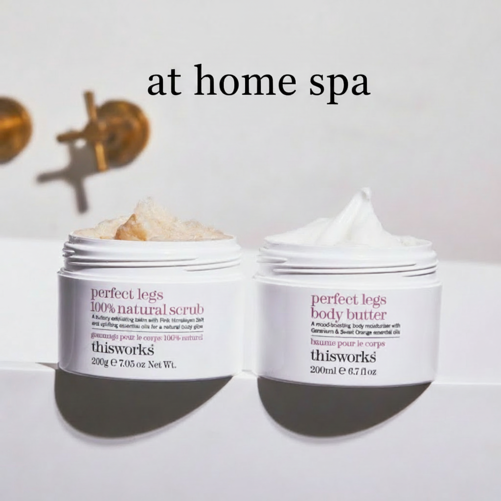 Two jars of This Works "Perfect Legs" body scrub and body butter with "at home spa" text.
