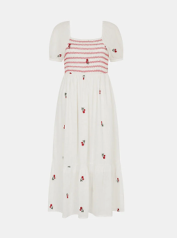 Puff Sleeve Cherry Embroidered Midi Dress White