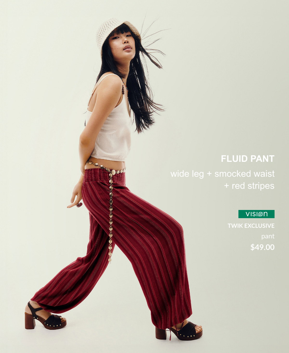 fluid pant at 49 $ wide leg + smocked waist + red stripes
