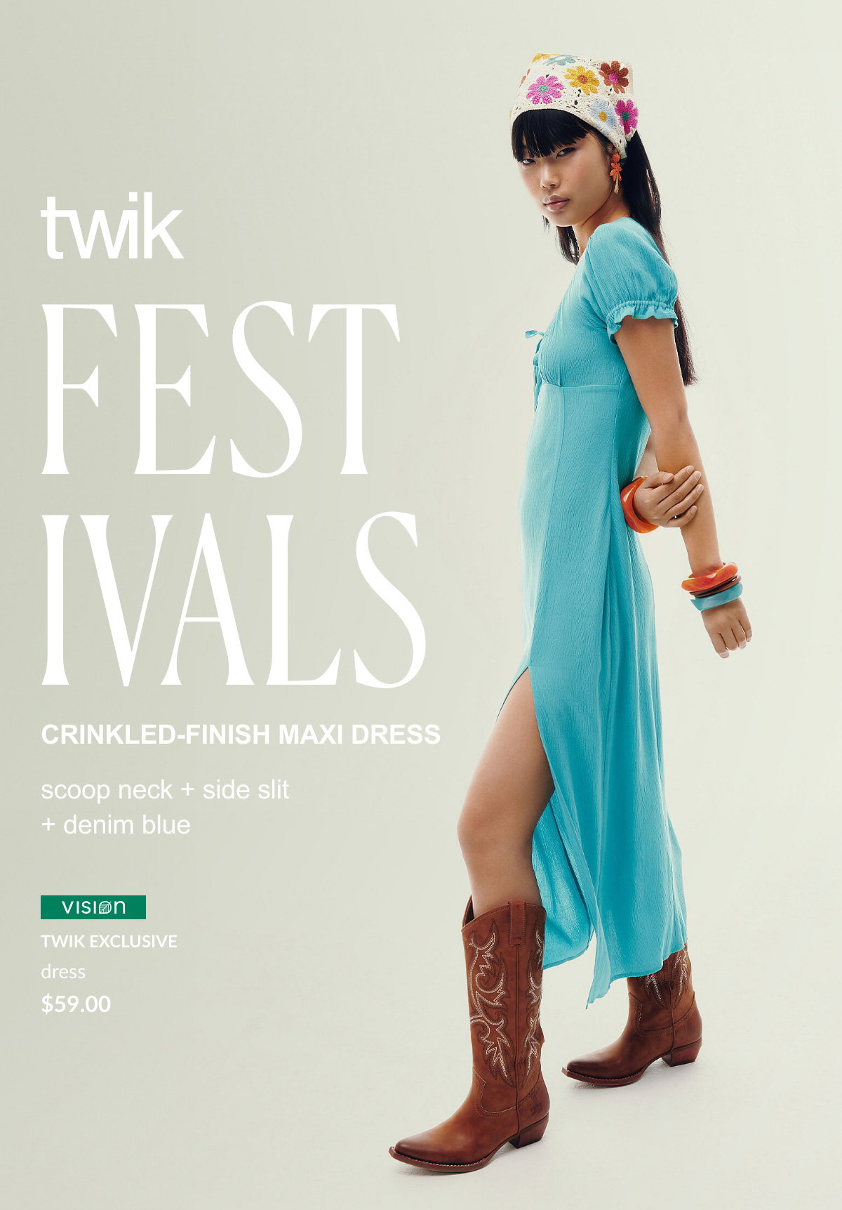 Twik Festivals crinkled-finish maxi dress at 59 $ scoop neck + side slit + denim blue