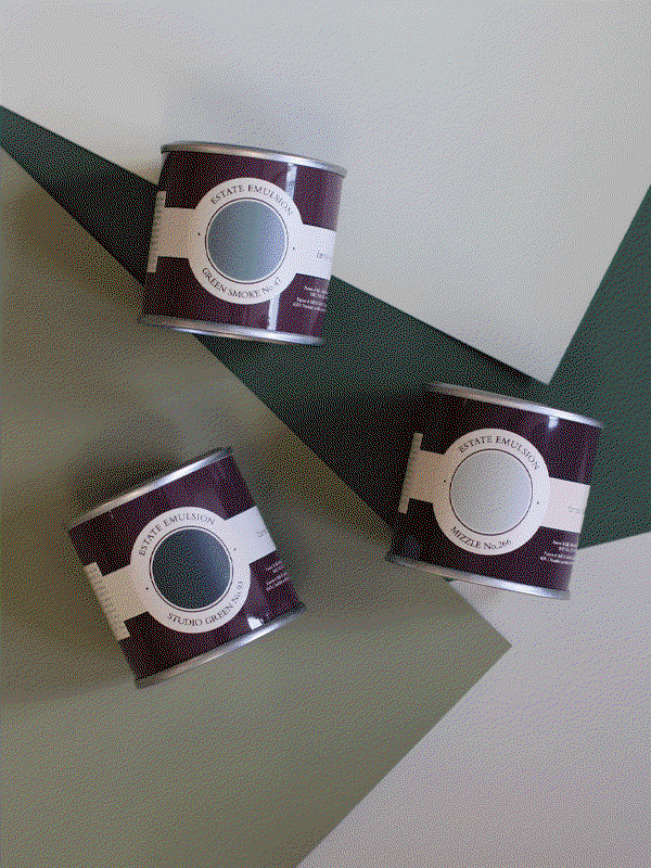 A GIF showing a different selection of three paint sample pots arranged on different coloured backgrounds’.