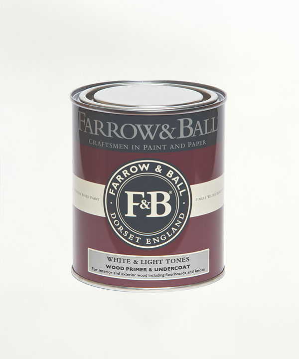 A tin of Farrow & Ball Wood Primer & Undercoat for white and light tones.