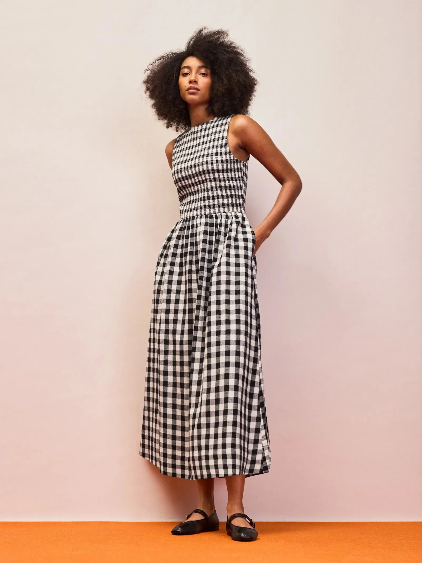 Mono Gingham Cotton and Linen-Blend Shirred...
