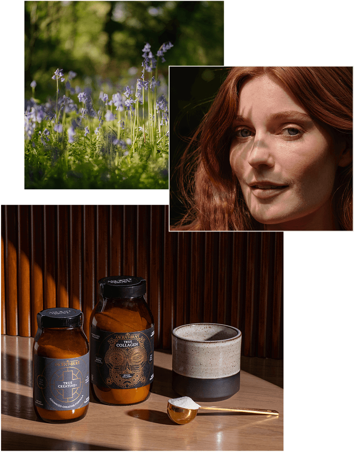 A collage stack of Ancient + Brave product and spring season aesthetic.