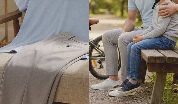 Two images are side-by-side. One shows Haggar clothes draped on a chair, the other shows a father and son sitting on a bench together. 
