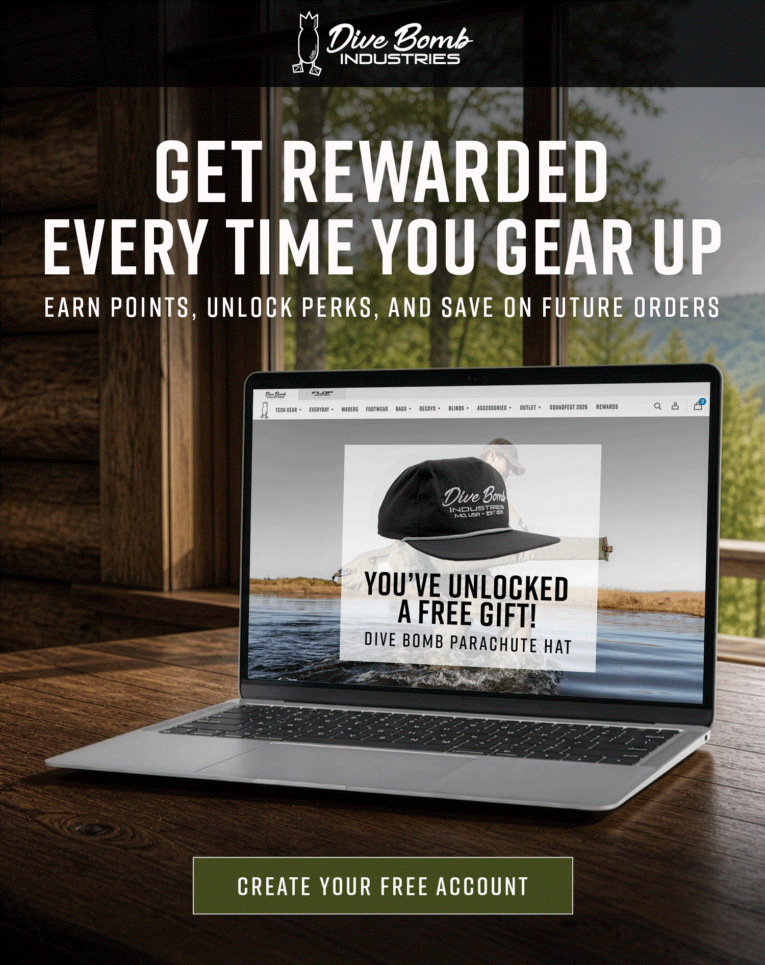 Dive Bomb Industries Rewards Program - Get rewarded every time you gear up. Earn points, unlock perks and save big on future orders