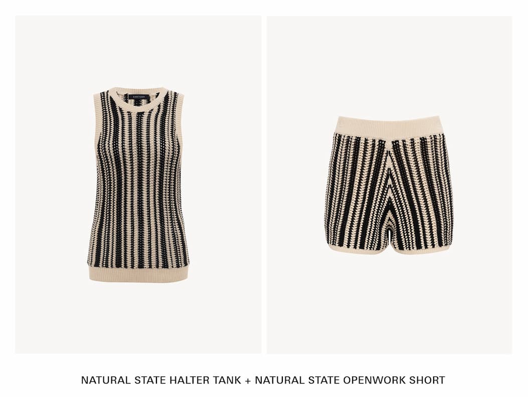 flat images of striped natural state halter tank and natural state short
