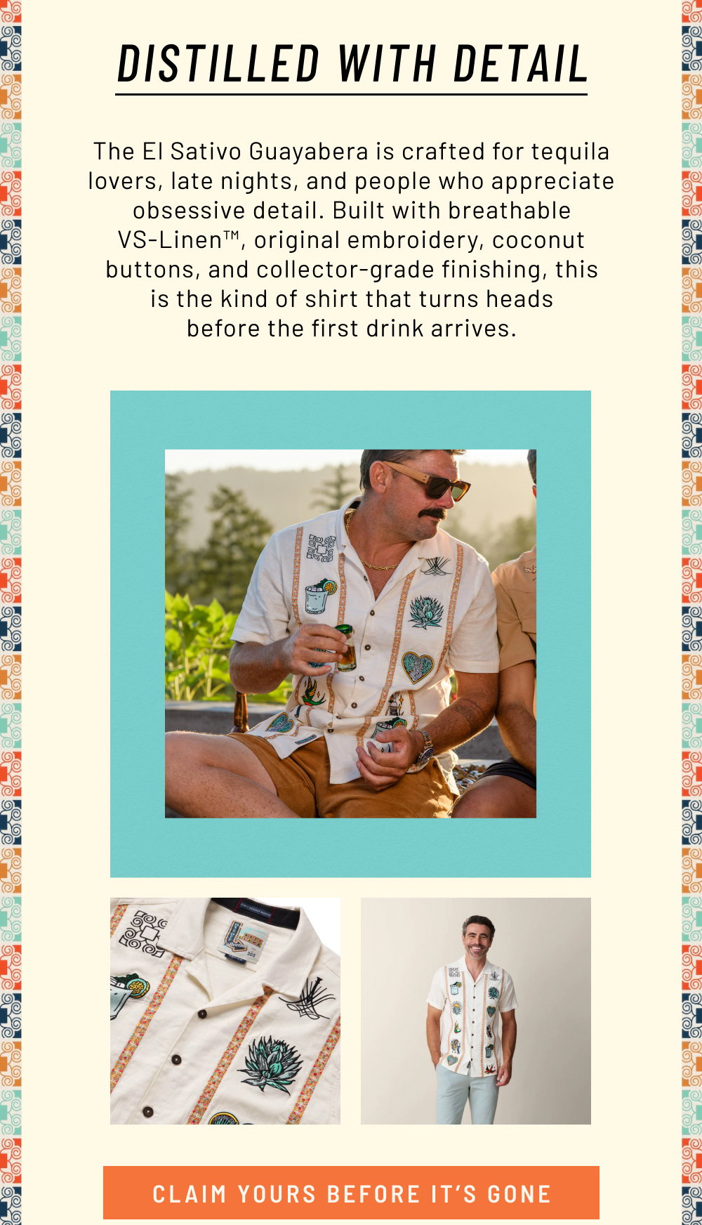 Distilled With Detail. The El Sativo Guayabera is crafted for tequila lovers, late nights, and people who appreciate obsessive detail. Built with breathable VS-Linen™, original embroidery, coconut buttons, and collector-grade finishing, this is the kind of shirt that turns heads before the first drink arrives.