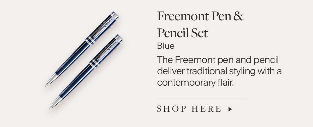 Freemont Pen & Pencil Set Blue. The Freemont pen and pencil deliver traditional styling with a contemporary flair. Shop Here.