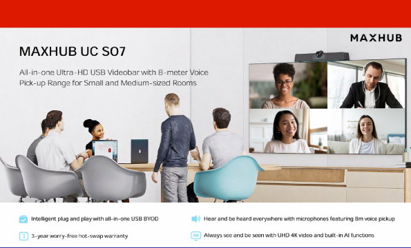 Maxhub UC S07 - All-in-One Ultra HD USB Videobar with 8m Voice Pick-up Range for Small + Medium-sized Rooms