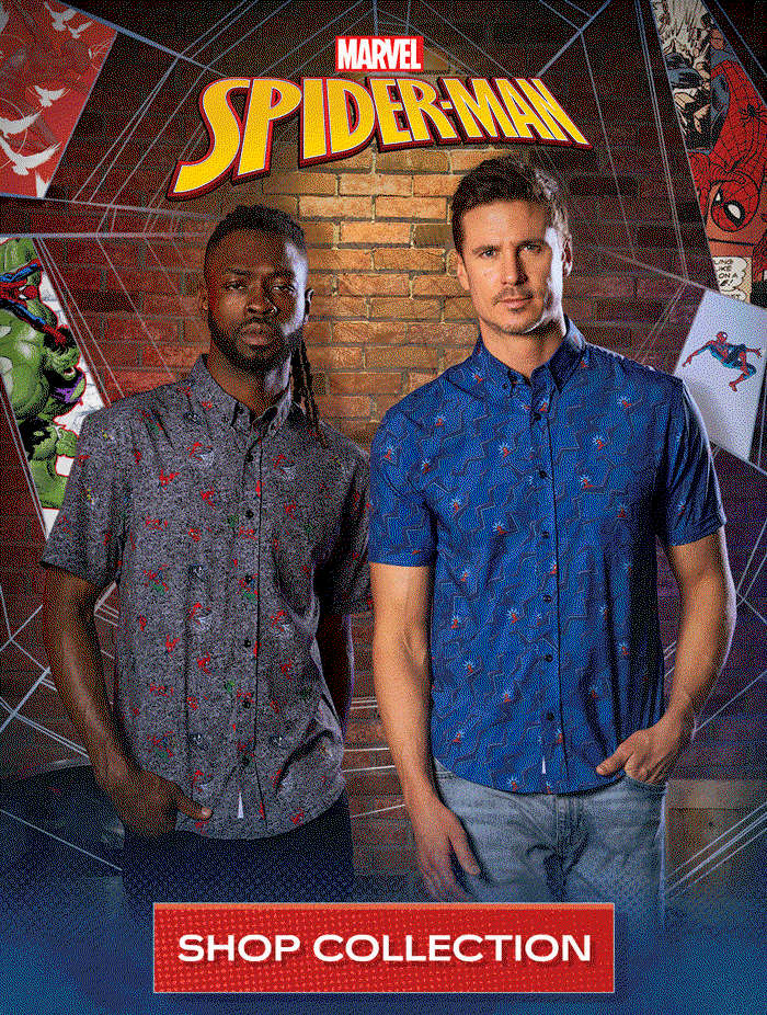 Rotation of men wearing shirts from Marvel Spiderman Collection. Shop Collection
