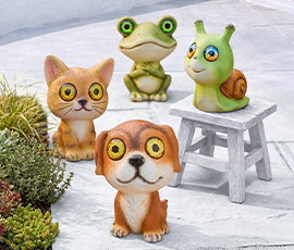 Gartendekorationen, 4er-Set, Katze in Braun, Hund in Braun, Frosch in Grün, Schnecke in Grün, Vorderansicht