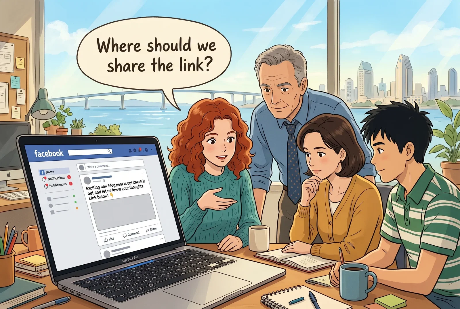 studio ghibli style: a group of social media managers discussing the best place to add their link urls in their social media posts in an office in downtown SF with the bay in the background. they are crowded around a macbook screen with a YouTube video on