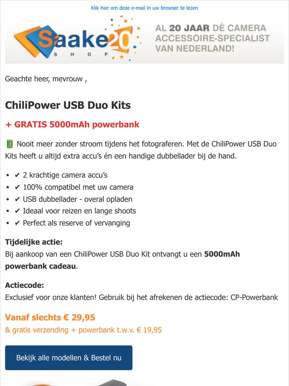 ChiliPower USB Duo Kit | 2 krachtige camera accu's en handige dubbellader | Met 5000mAh powerbank cadeau!