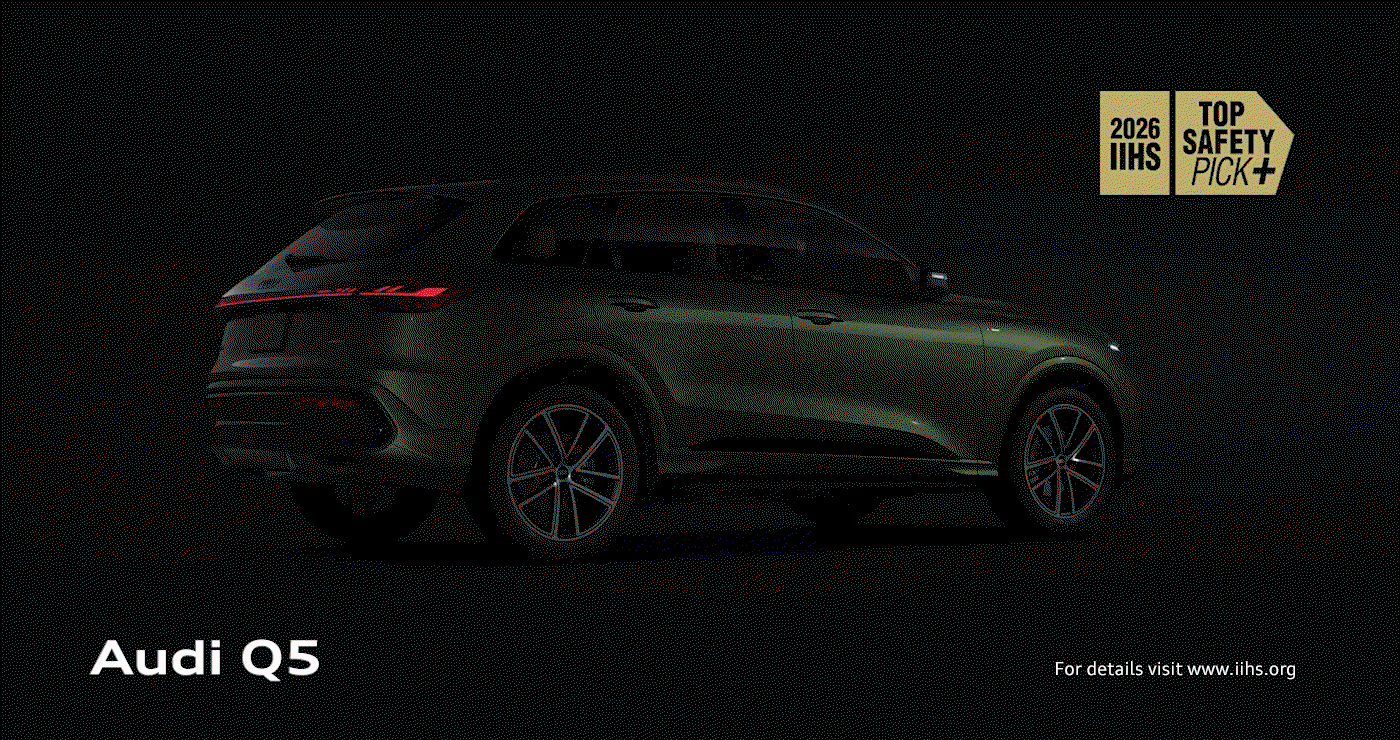 Engineered peace of mind. Green Audi Q5 on a dark background with shifting light. 2026 IIHS Top safety pick. Learn about the model. To qualify for 2025 IIHS TOP SAFETY PICK+, a vehicle must earn good ratings in the small overlap front, updated side, and updated moderate overlap front tests. It also must earn an acceptable or good rating for pedestrian front crash prevention and come with standard acceptable- or good-rated headlights. For vehicle test details visit www.iihs.org.