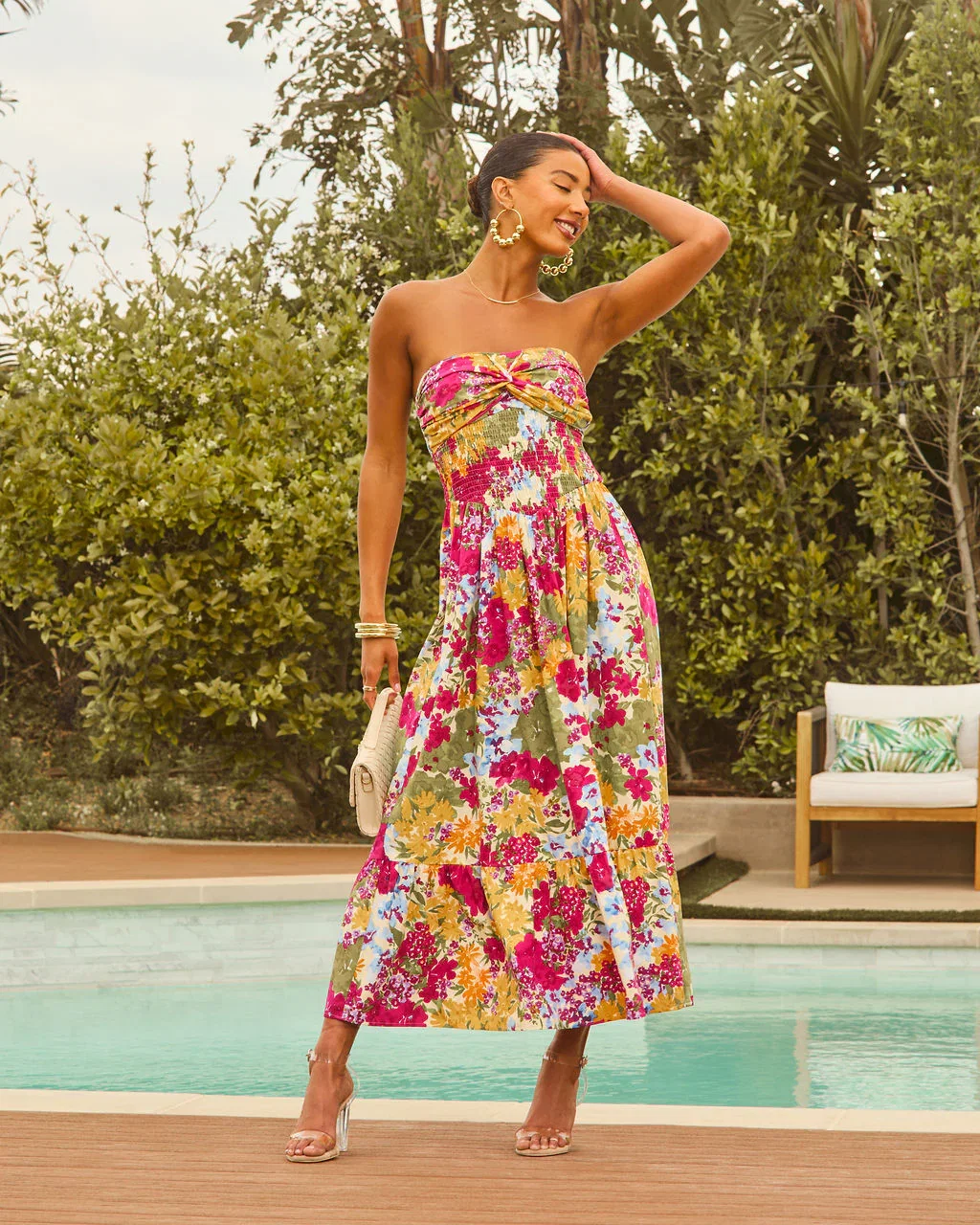 Image of Lynelle Strapless Floral Smocked Midi Dress