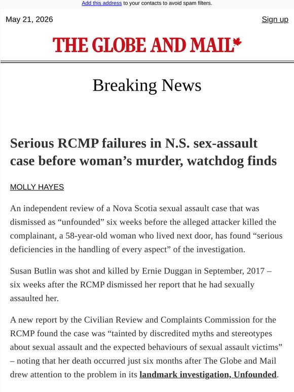 Breaking News: Serious RCMP failures in N.S. sex-assault case before woman’s murder, watchdog finds