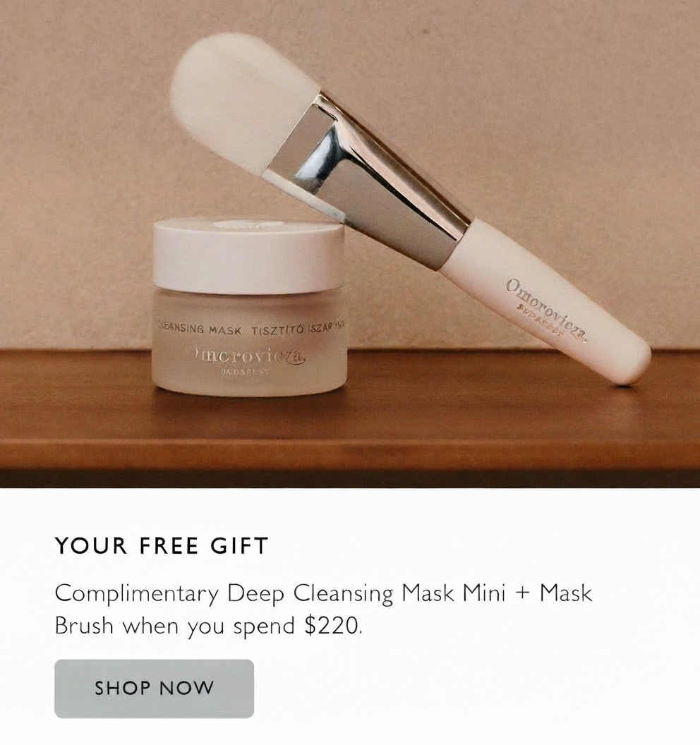 Omorovicza cleansing mask mini and brush free gift with $220 purchase.