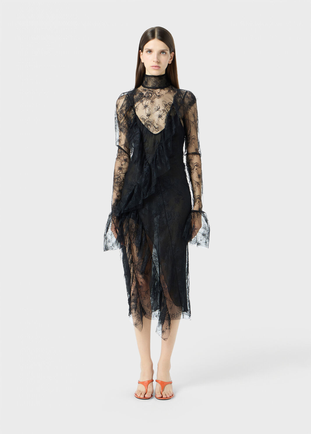 Chantilly lace midi dress with flounces