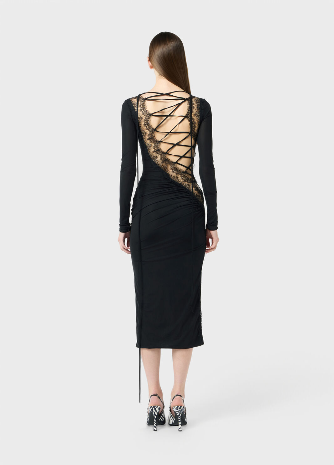 Jersey midi dress with scalloped lace inserts