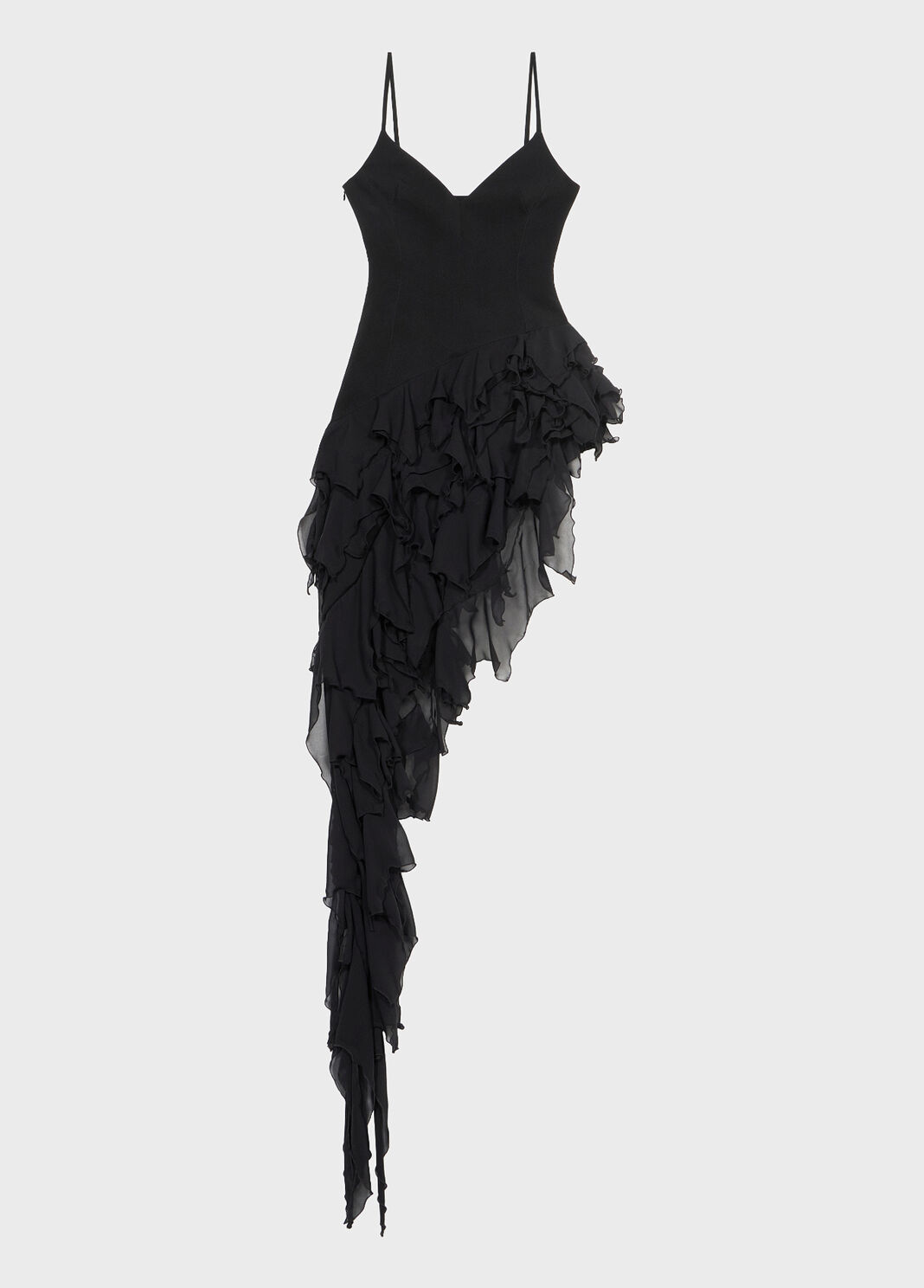 Asymmetric cady dress with ruffles
