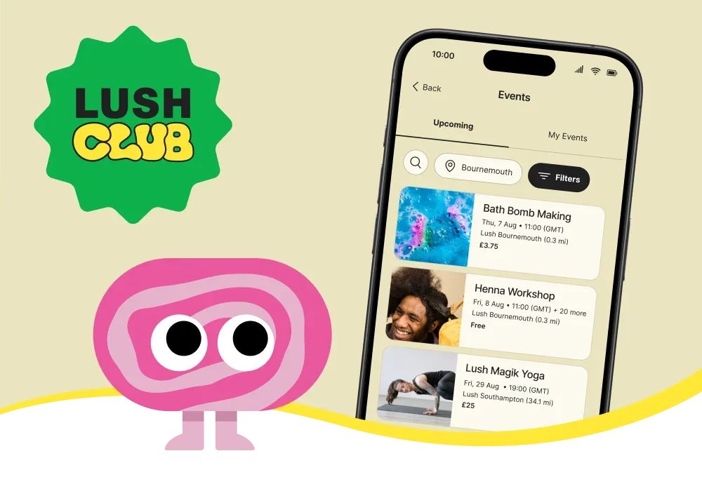 Image: Lush Club logo and a mobile phone with the Lush Events page on the screen 