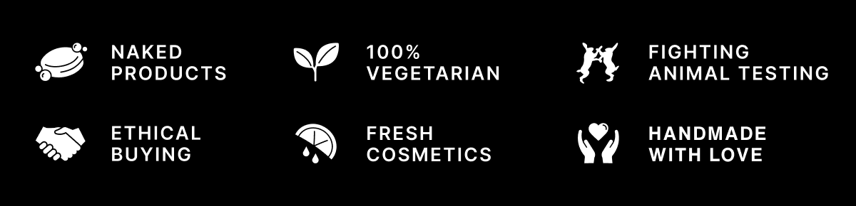 LUSH's six values as icons. Naked Products, 100% Vegetarian, Fighting Animal Testing, Ethical Buying, Fresh Cosmetics, Handmade With Love.