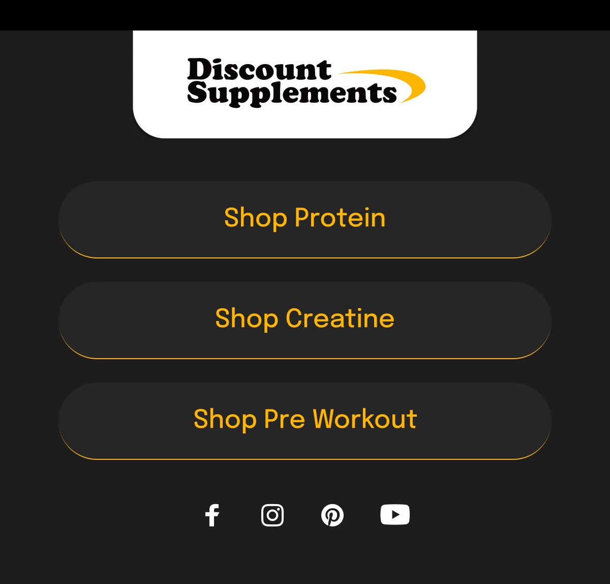 Discount Supplements logo with options to shop protein, creatine, and pre workout.