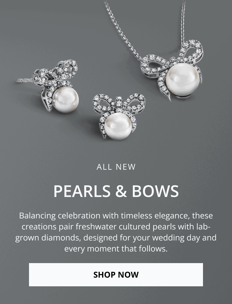 White gold diamond bow jewelry with pearls: stud earrings and pendant necklace. All new pearls and bows. Click shop now.