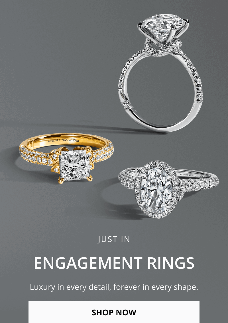 Three diamond engagement rings: round, princess, and oval cuts in white and yellow gold. Just in. Click shop now. 