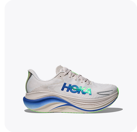 Images of: a person mid run on a street, a person wearing the Airolite Tank 2.0, a person wearing the Glide Shorts, the Skyward X2 road running shoe in  Grout / Cobalt.