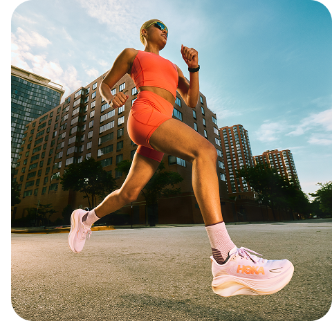 Images of: a person mid run on a street, a person wearing the Airolite Tank 2.0, a person wearing the Glide Shorts, the Skyward X2 road running shoe in  Grout / Cobalt.