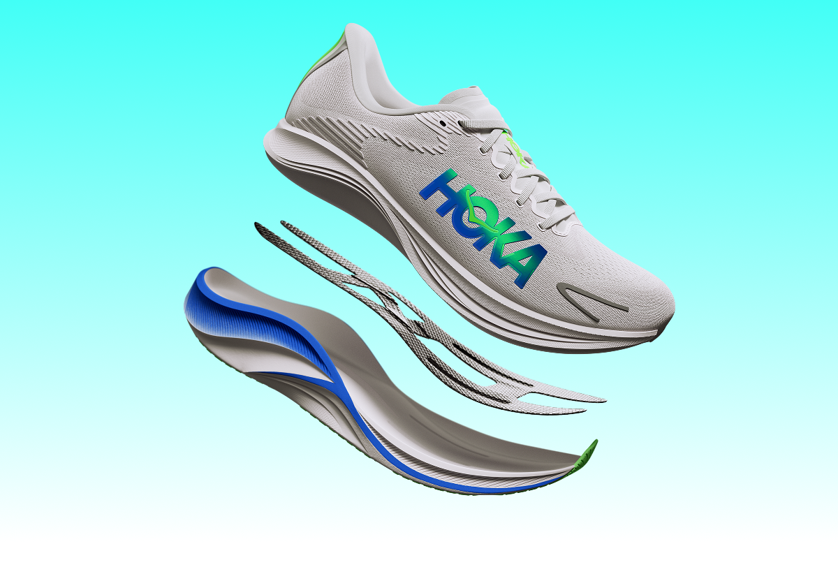 3D exploded rendering of the Skyward X2 road running shoe in Grout / Cobalt showing layers of sole, midsole, and insole.
