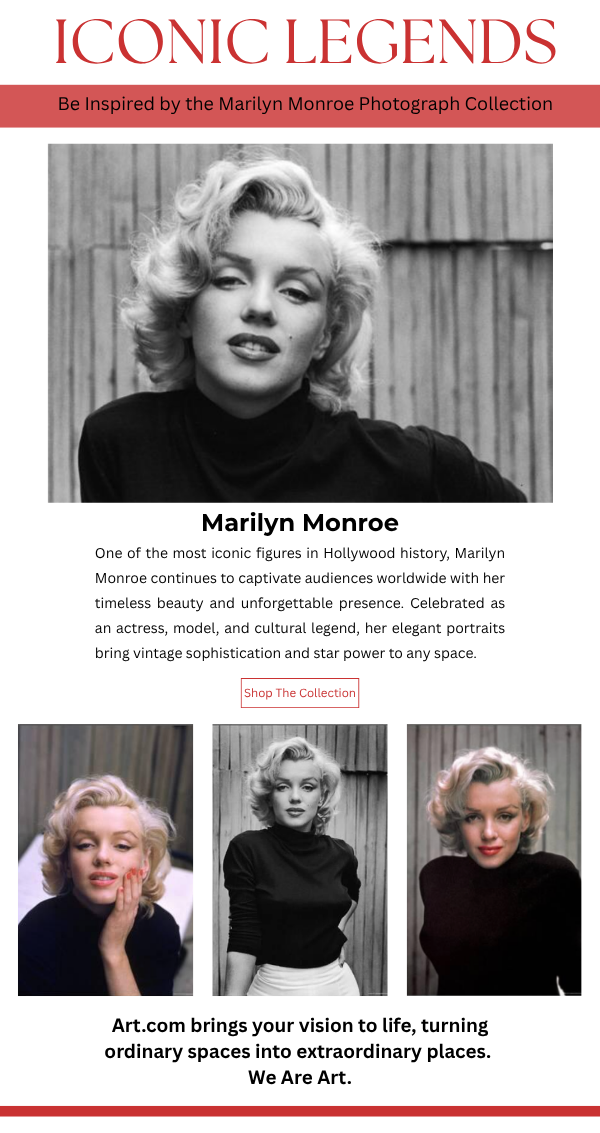 Iconic Legends: Be Inspired by the Marilyn Monroe Photograph Collection featuring her timeless beauty and unforgettable presence.