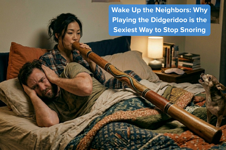 A woman practices the didgeridoo in bed to stop snoring while her husband covers his ears and a Chihuahua howls along.
