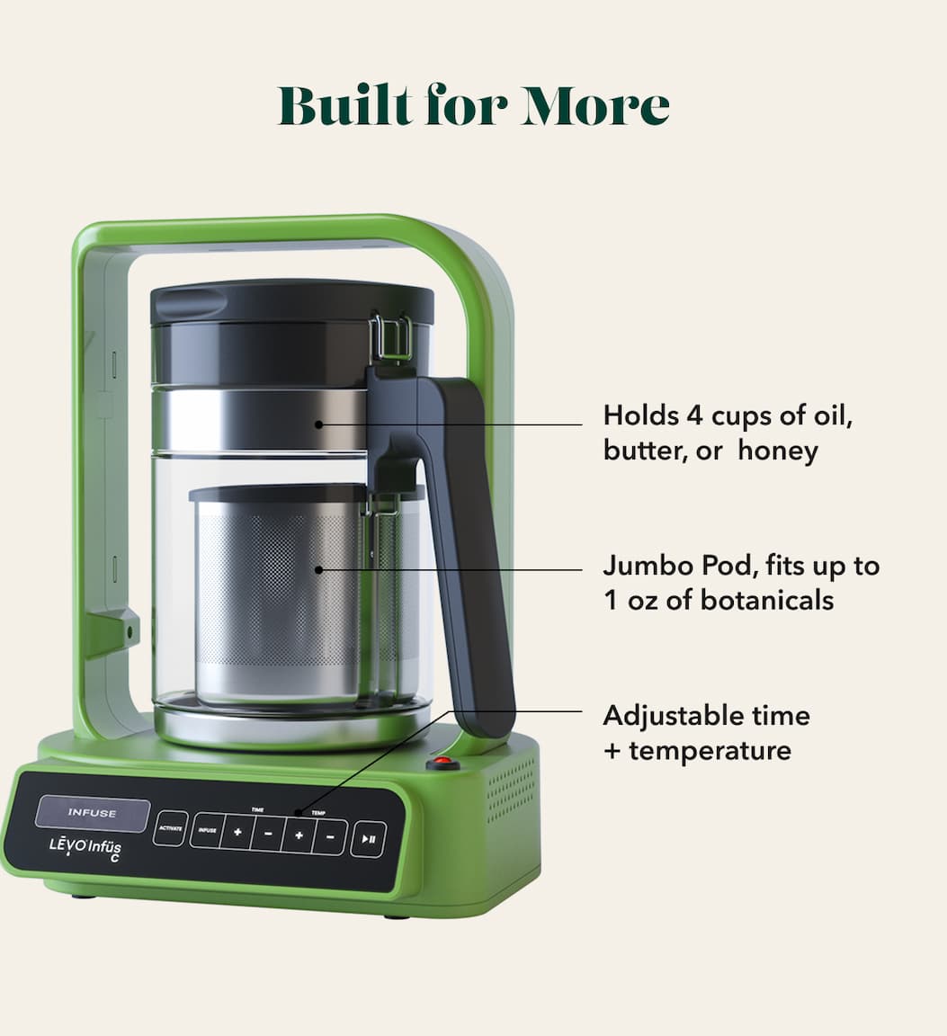 The LĒVO C, Up close Holds 4 cups of oil, butter, or  honey Jumbo Pod, fits up to 1 oz of botanicals Adjustable time + temperature