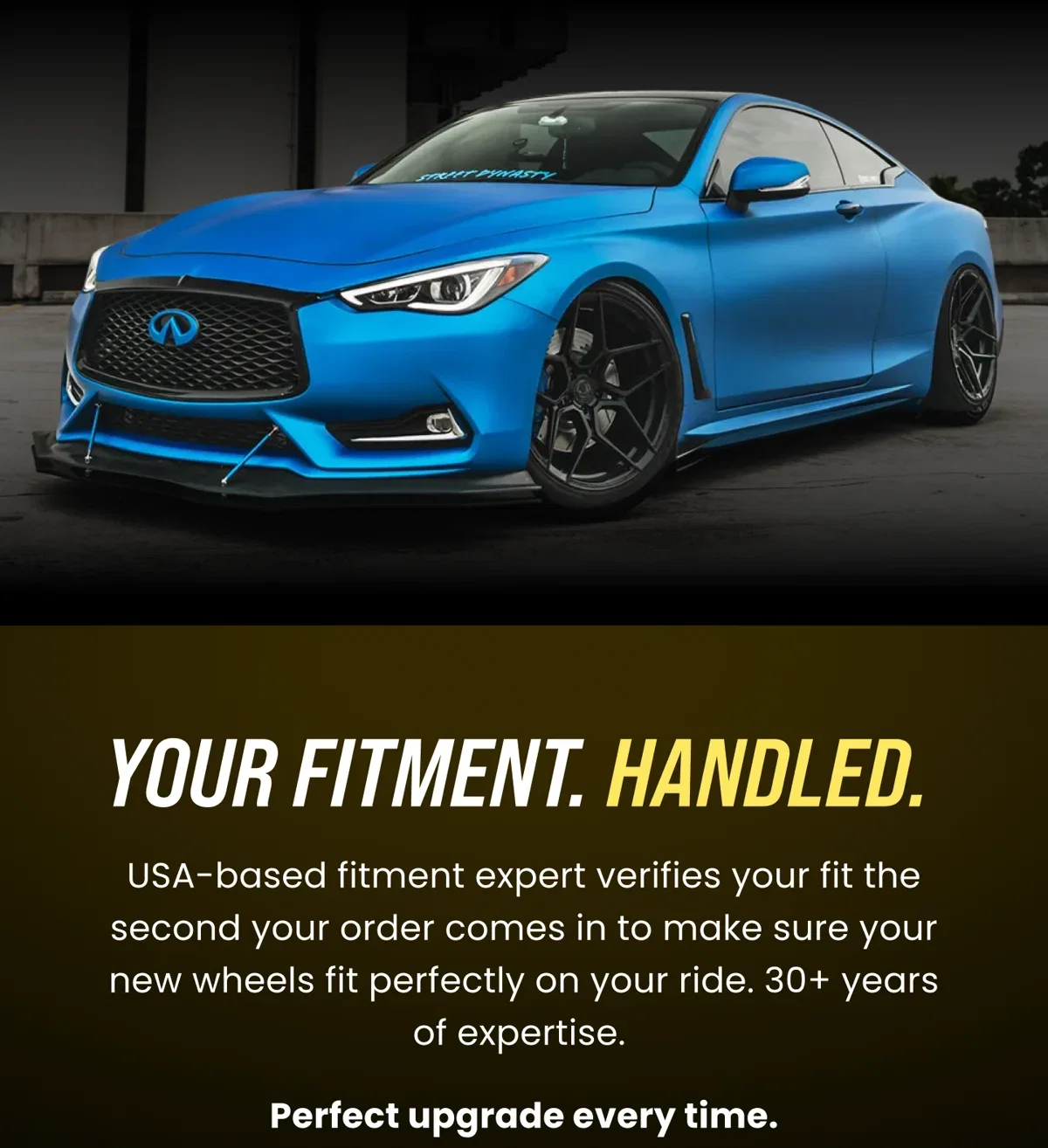 YOUR FITMENT. HANDLED. USA-based fitment expert verifies your fit the second your order comes in to make sure your new wheels fit perfectly on your ride. 30+ years of expertise. Perfect upgrade every time.