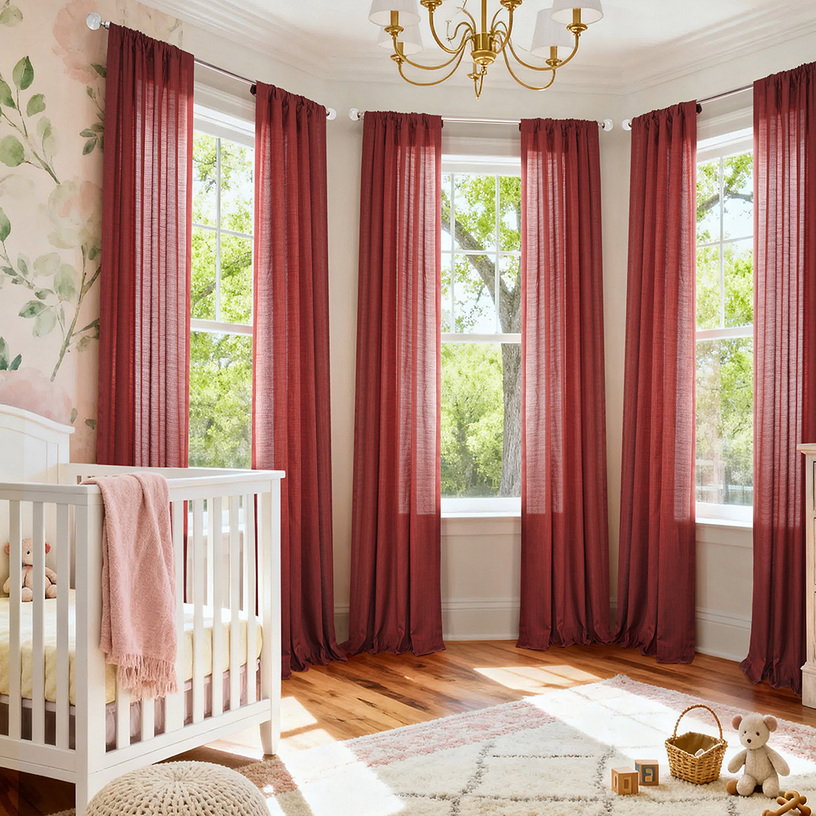 Red Cotton-Blend Textured Slub Semi-Sheer Curtain Pair (2 Panels)