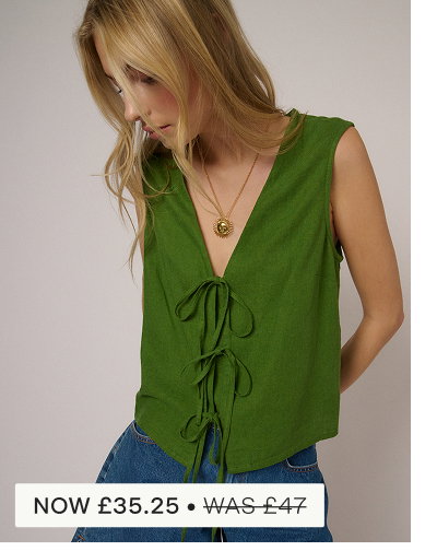 Green Linen-Blend Tie Front Tessa Top