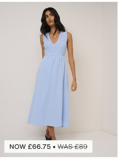 Blue Ruched Sleeveless Audrey Midi Dress