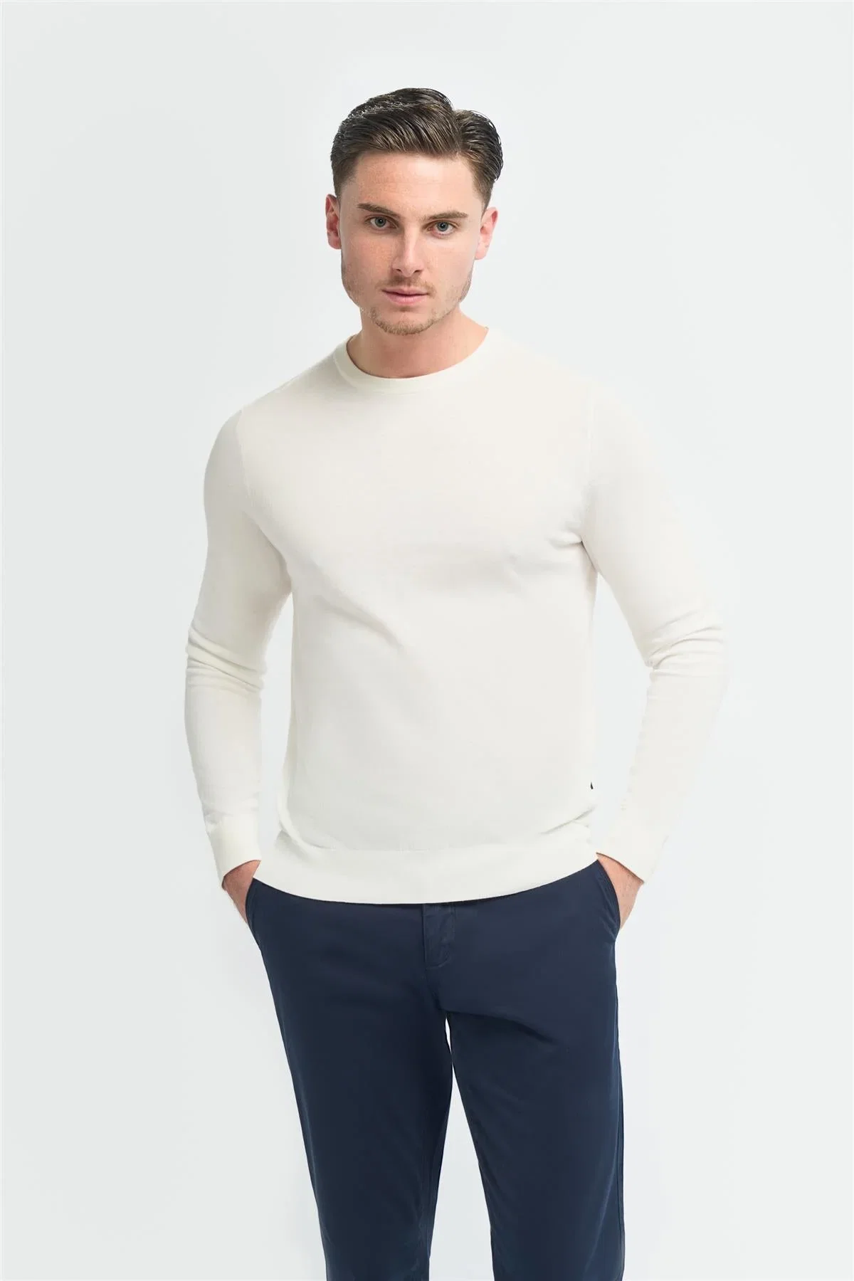 Image of Savio Ecru Lightweight Crew Neck Jumper