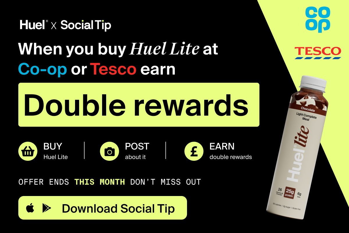 Huel X Social Tip Buy Huel Lite at Co-op or Tesco Earn up to £20 everytime you post about it To celebrate the launch of Huel Lite into Co-op and Tesco, were offering you a double reward Hurry up: offer only lasts until the end of the month Download the app