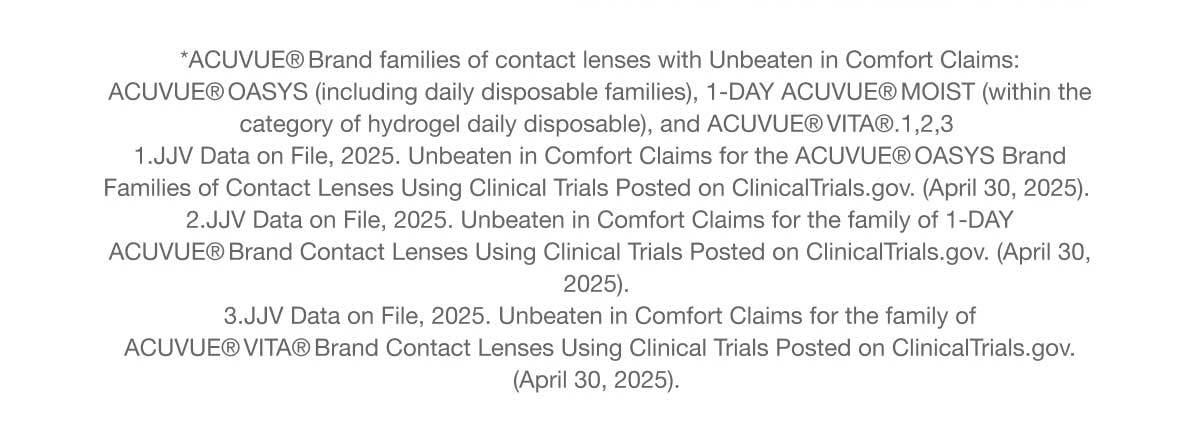 *ACUVUE® Brand families of contact lenses with Unbeaten in Comfort Claims: ACUVUE® OASYS (including daily disposable families), 1-DAY ACUVUE® MOIST (within the category of hydrogel daily disposable), and ACUVUE® VITA®.1,2,3 | 1.JJV Data on File, 2025. Unbeaten in Comfort Claims for the ACUVUE® OASYS Brand Families of Contact Lenses Using Clinical Trials Posted on ClinicalTrials.gov. (April 30, 2025).  2.JJV Data on File, 2025. Unbeaten in Comfort Claims for the family of 1-DAY ACUVUE® Brand Contact Lenses Using Clinical Trials Posted on ClinicalTrials.gov. (April 30, 2025).  3.JJV Data on File, 2025. Unbeaten in Comfort Claims for the family of ACUVUE® VITA® Brand Contact Lenses Using Clinical Trials Posted on ClinicalTrials.gov. (April 30, 2025).