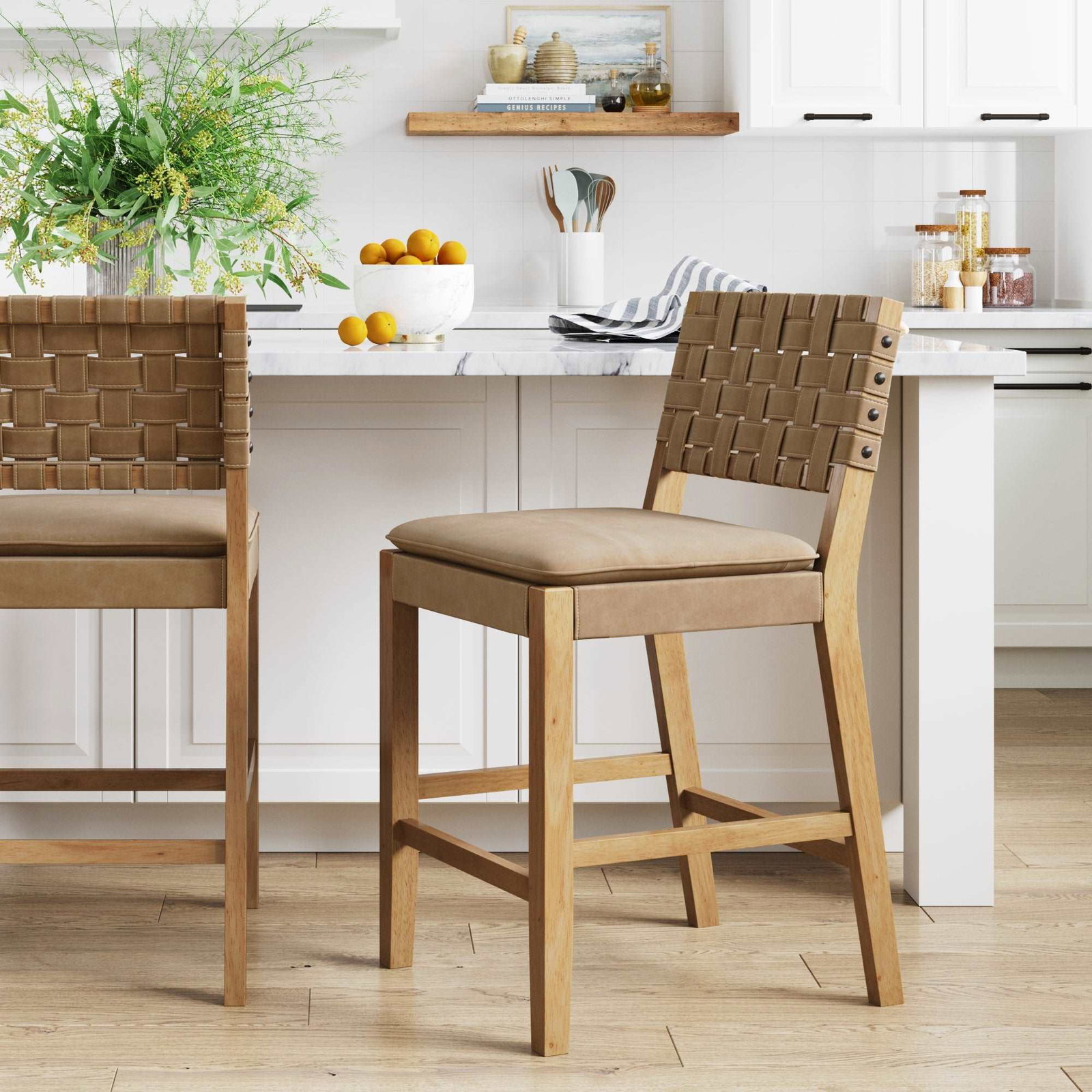 Image of Faux Leather Woven Counter Height Bar Stool Brown