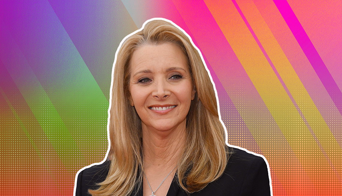 Lisa Kudrow outlined against a rainbow ombre background